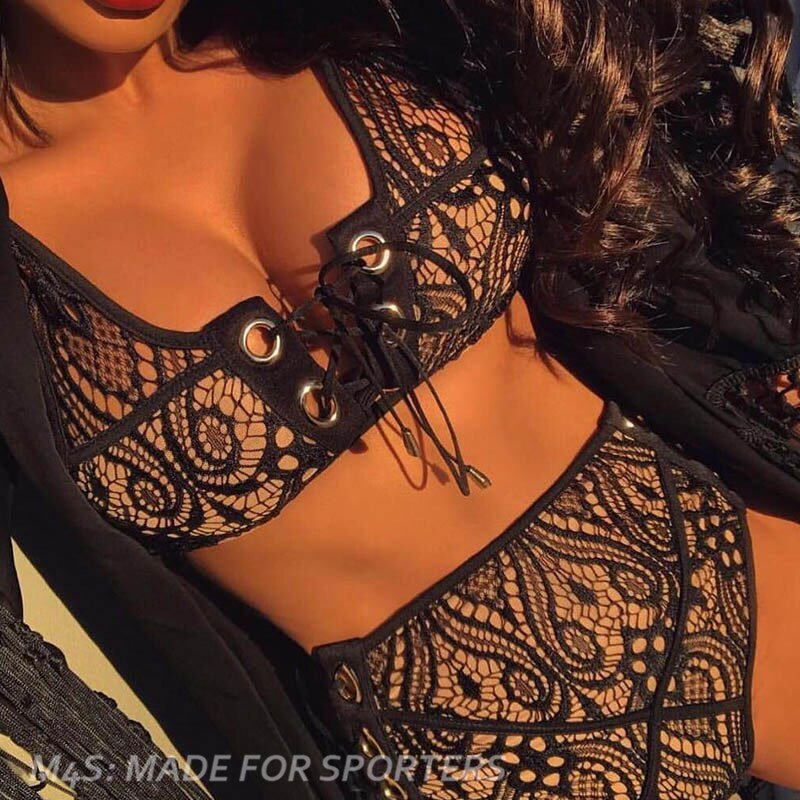 Bikini Set Lace High Waist Bandage Swimsuits Hollow out Sexy-0